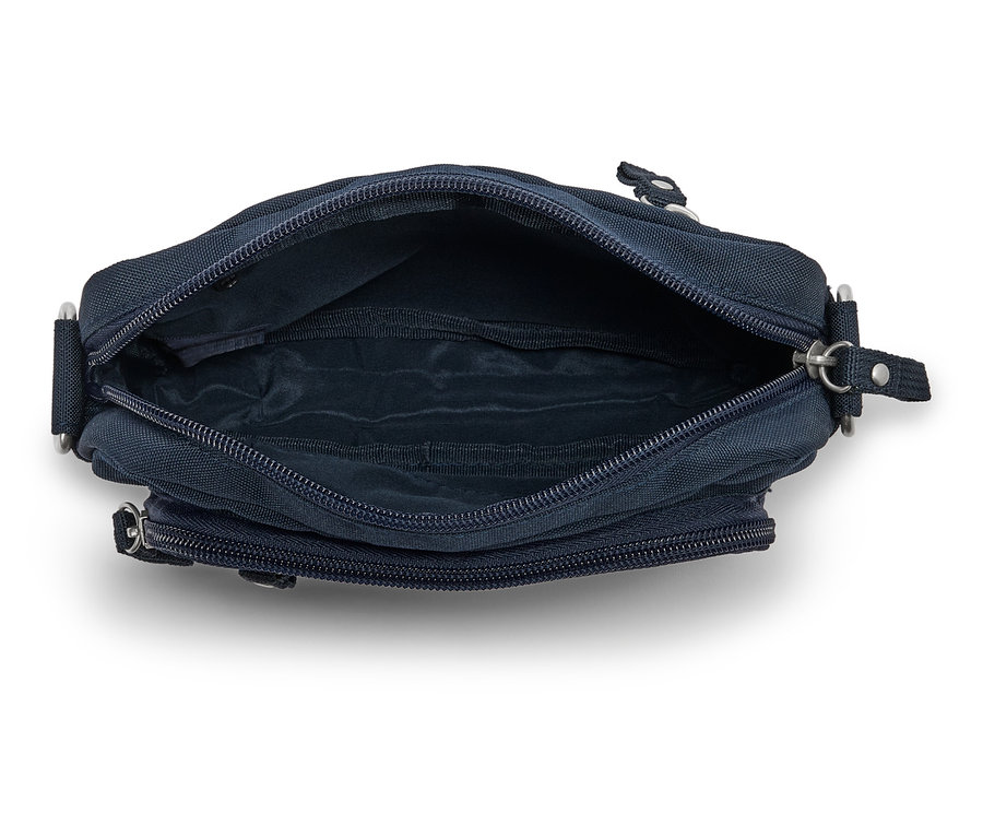 Pohled shora na otevřenou, tmavě modrou tašku přes rameno se zipem.