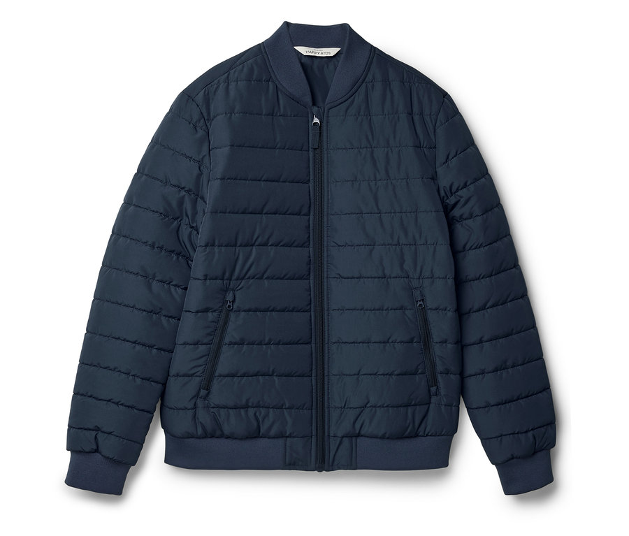 Tmavě modrá prošívaná bunda na zip s kapsami.