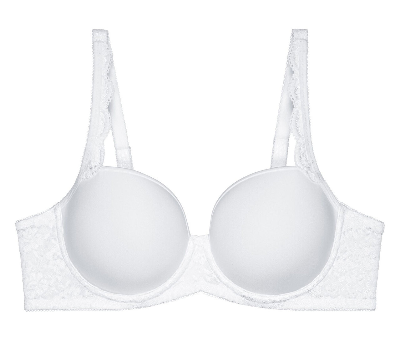 Bílá podprsenka Triumph Amourette WP s hladkými, vyztuženými košíčky a krajkovými detaily po stranách a na ramínkách.