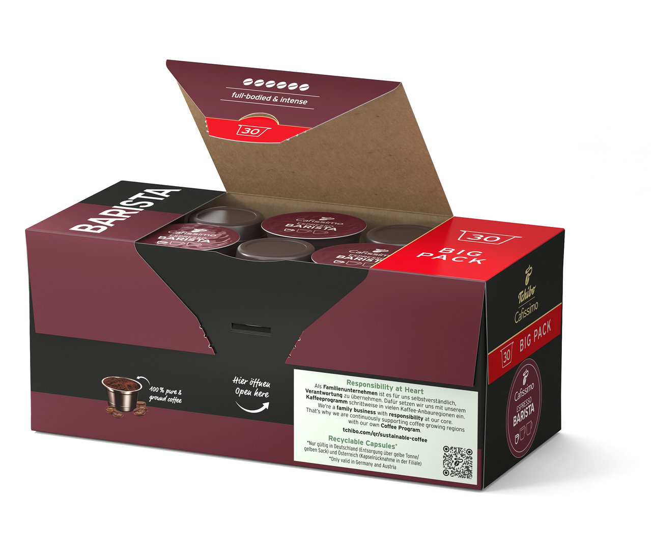 Otevřené hnědé balení s kávovými kapslemi. Na obalu je nápis „BARISTA“ a „30 BIG PACK“.