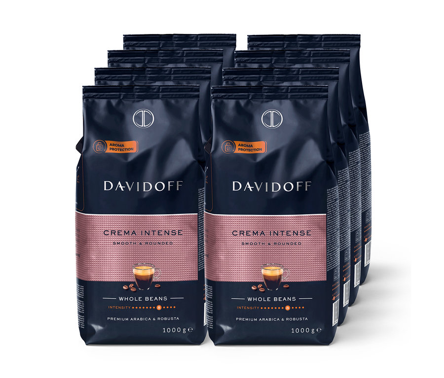 Osm balení zrnkové kávy DAVIDOFF CAFÉ Crema Intense.