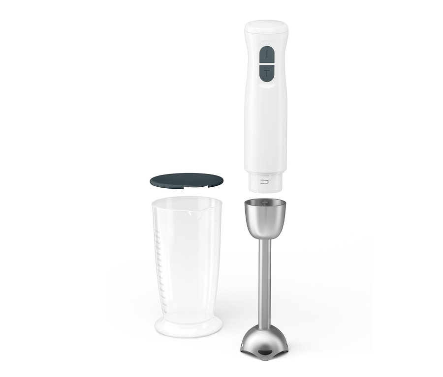 Tyčový mixér s nástavci a nádobou.