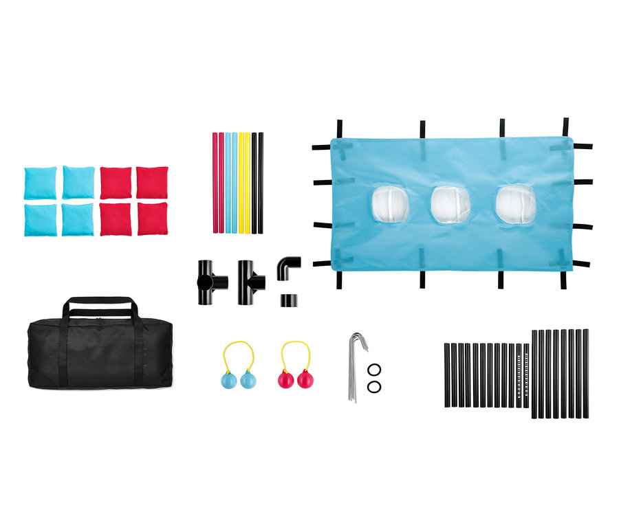 Sada házecích her s osmi sáčky, rámem, kolíky, trubkami a přenosnou taškou.