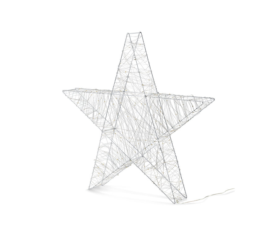 Velká kovová hvězda s LED diodami stojí na bílém pozadí.