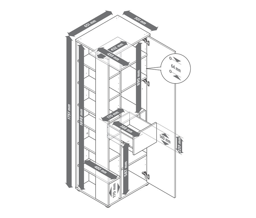 Nákres velké víceúčelové skříně s otevřenými dveřmi a zásuvkou, doplněný rozměry.