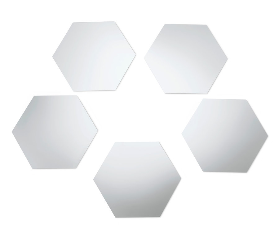 Pět samolepicích zrcadlových nálepek ve tvaru šestiúhelníku na bílém pozadí.