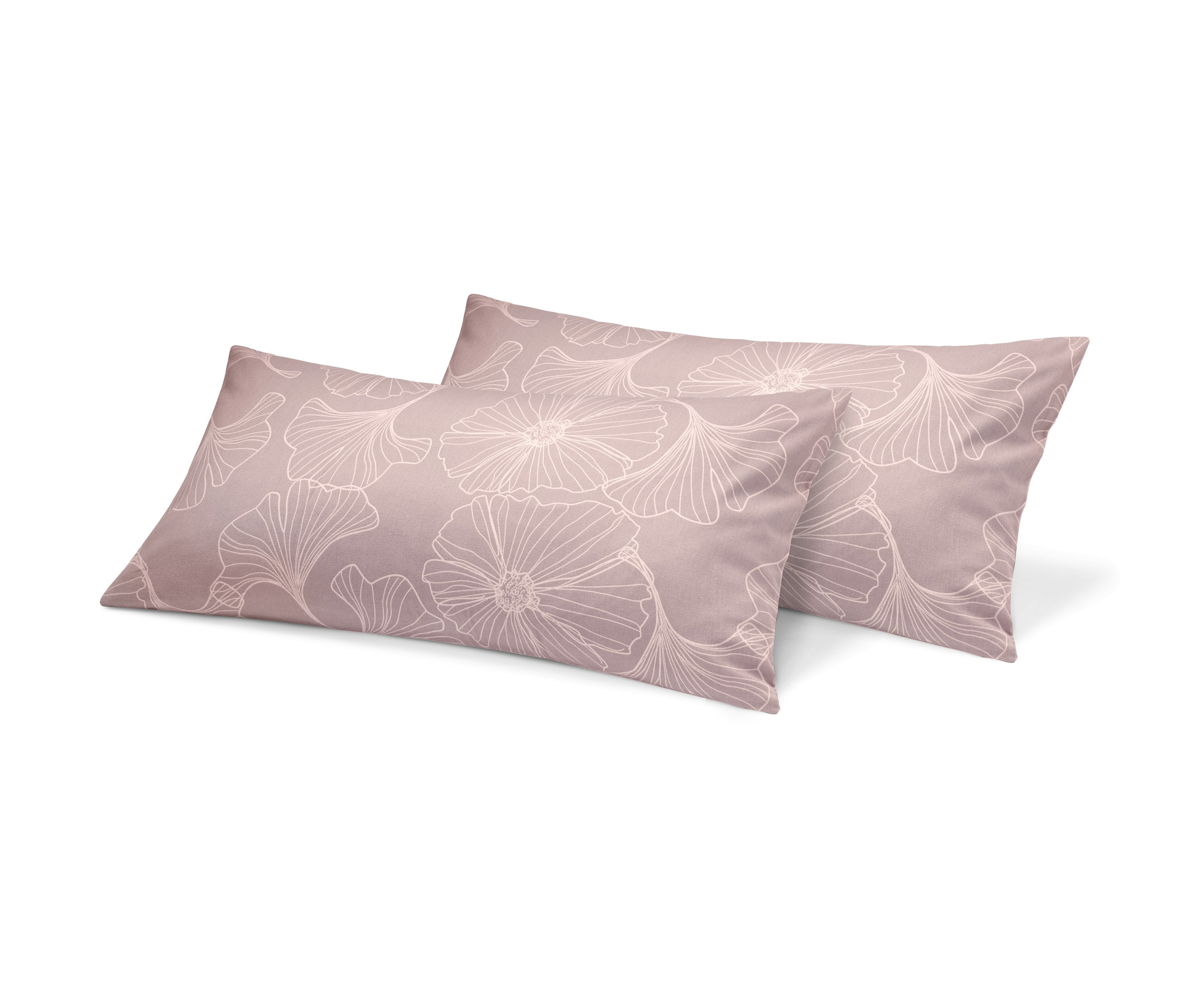 Dva světle růžové povlaky na polštáře z biberu s květinovým vzorem, každý o rozměrech cca 80 x 40 cm.