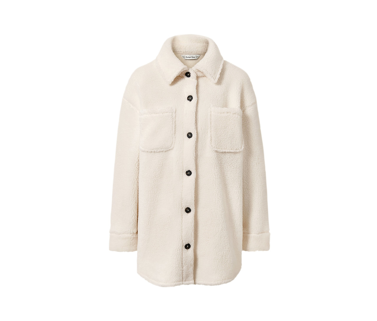 Krémová plyšová bunda s knoflíky a kapsami.