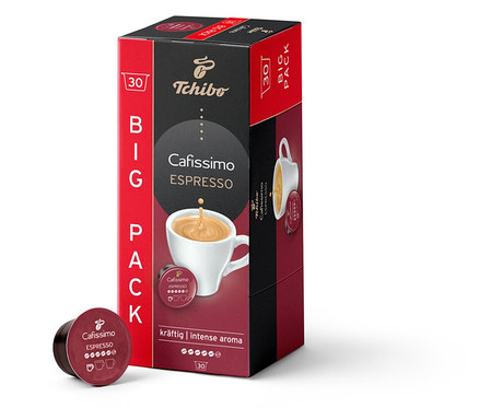 Balení Cafissimo Espresso silné - 30 kapslí a jedna kapsle.