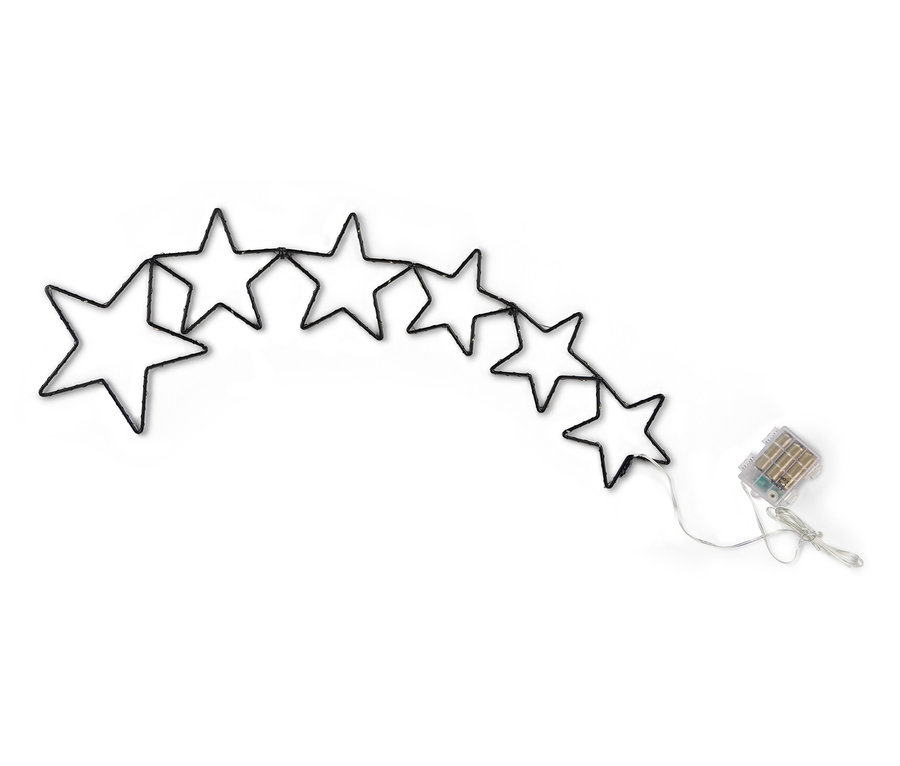 Řada venkovních LED hvězd a LED meteor na bílém pozadí.