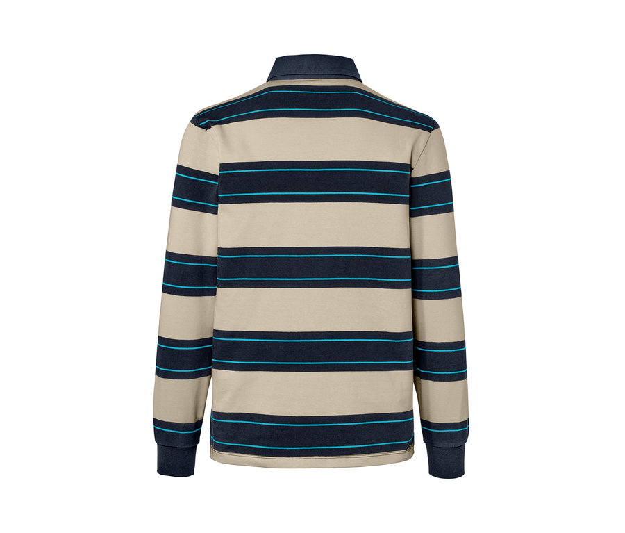Detail zadní strany polo trička s dlouhým rukávem s béžovými a tmavě modrými pruhy a světle modrými akcenty.