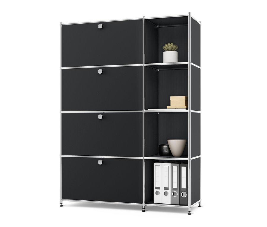 Černý kovový regál CN3 se 4 výklopnými dvířky.