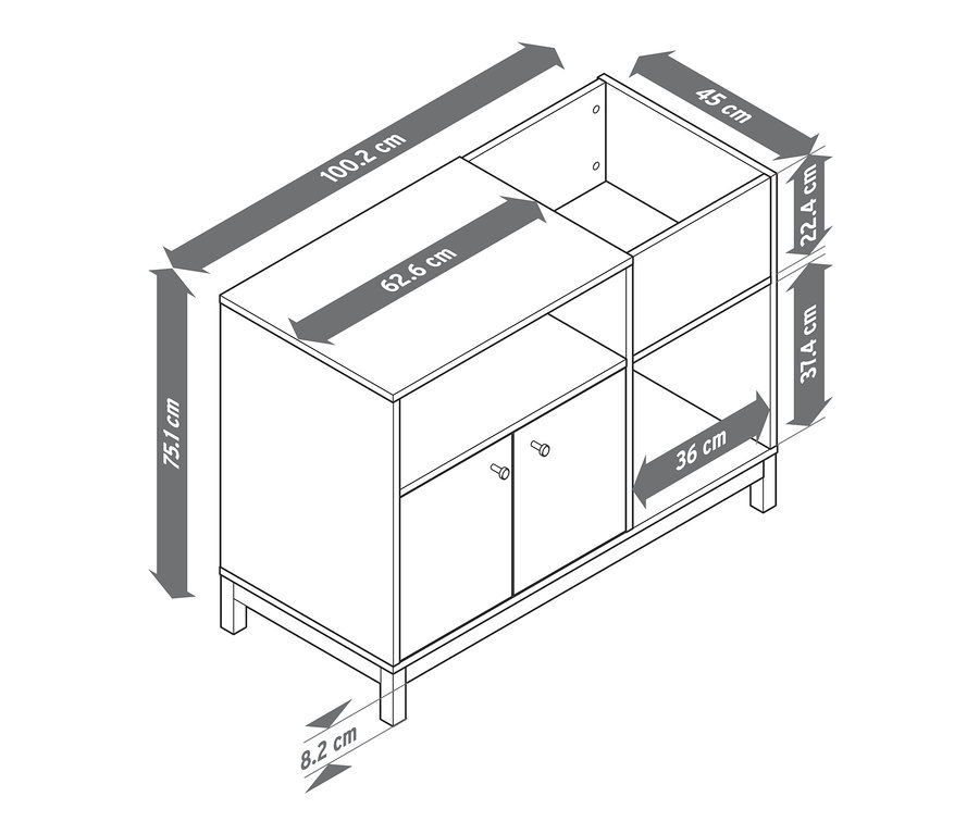 Diagram nábytku zobrazuje rozměry skříně: 100,2 cm x 75,1 cm x 45 cm.