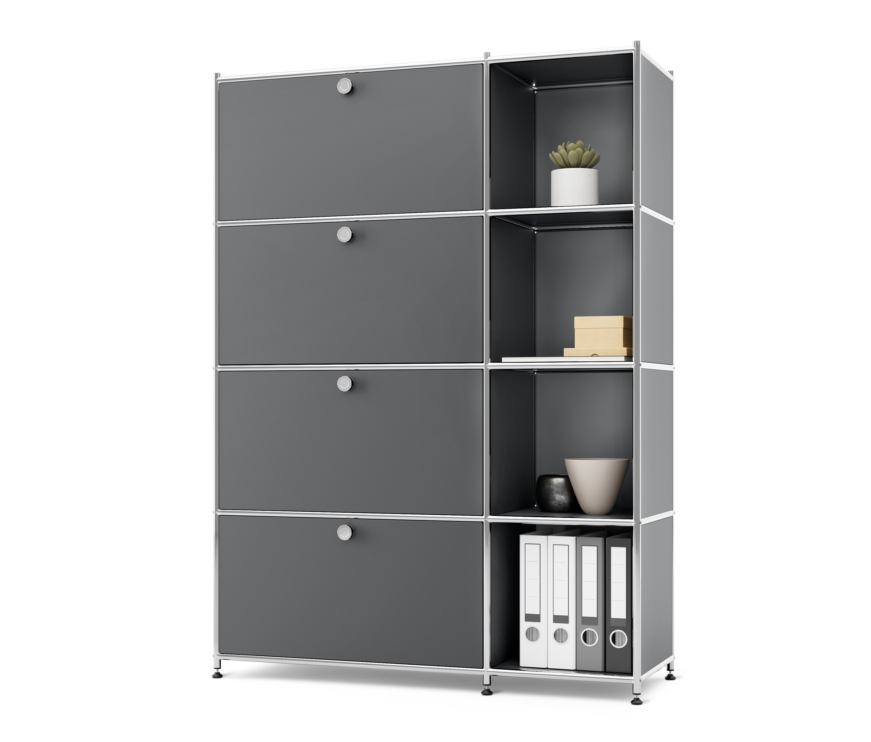 Šedý kovový regál CN3 se 4 výklopnými dvířky.