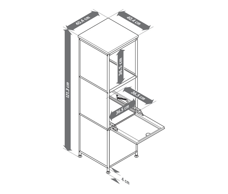 Nákres úzké bílé kovové komody »CN3« s dřevěnou deskou a dvěma výklopnými dvířky.
