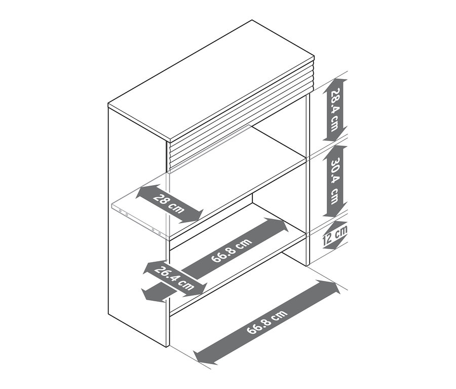 Schéma konzolové skříňky se zásuvkou a rozměry.