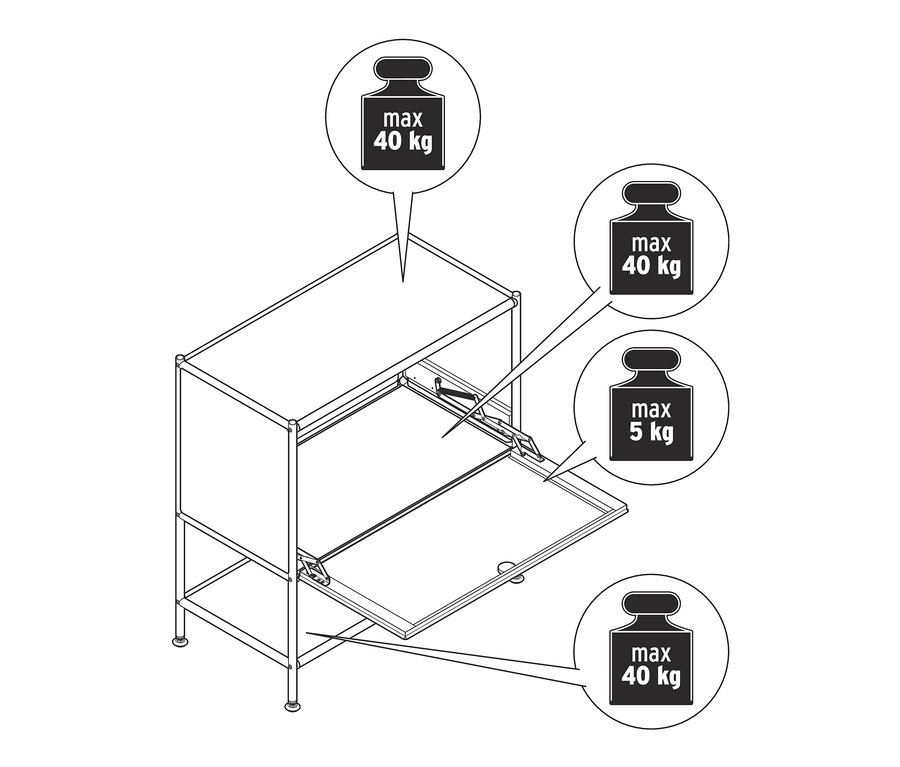 Nákres bílé odkládací skříňky CN3 s jedněmi výklopnými dvířky.