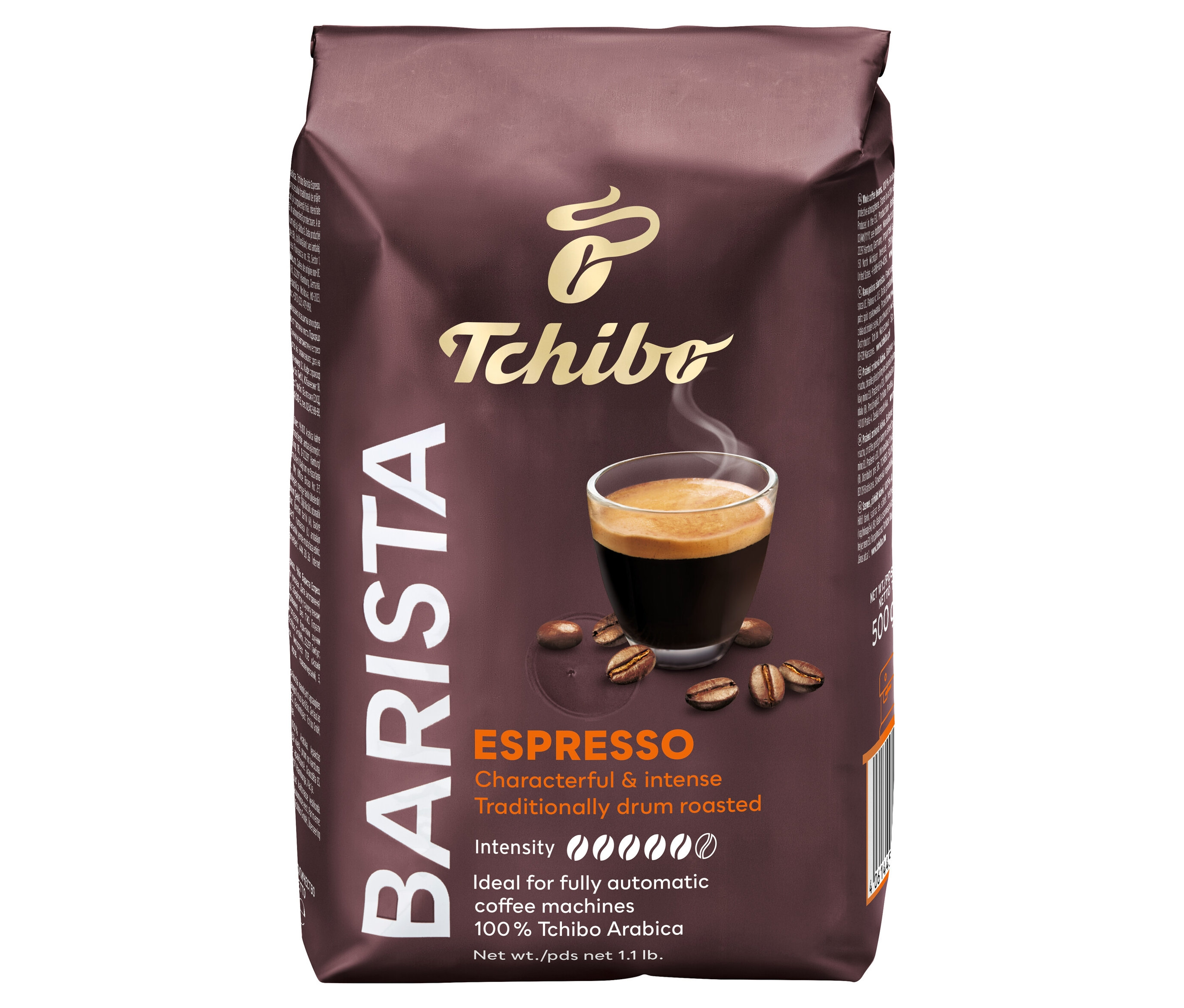 Balení zrnkové kávy Barista Espresso od Tchibo. Na obalu je šálek espressa a kávové zrna.
