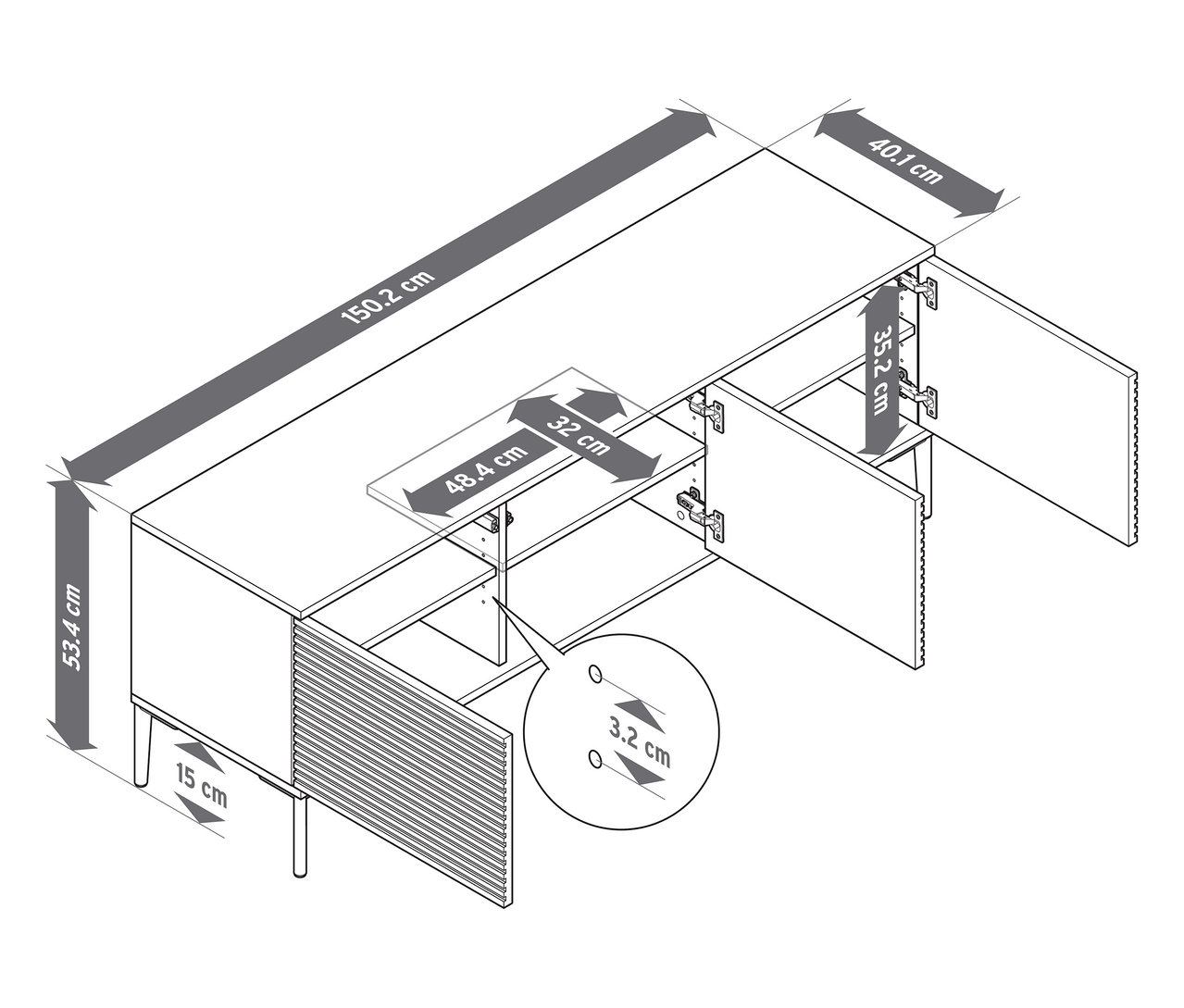 Ilustrace Lowboardu »REET« s lamelovým vzhledem a rozměry.