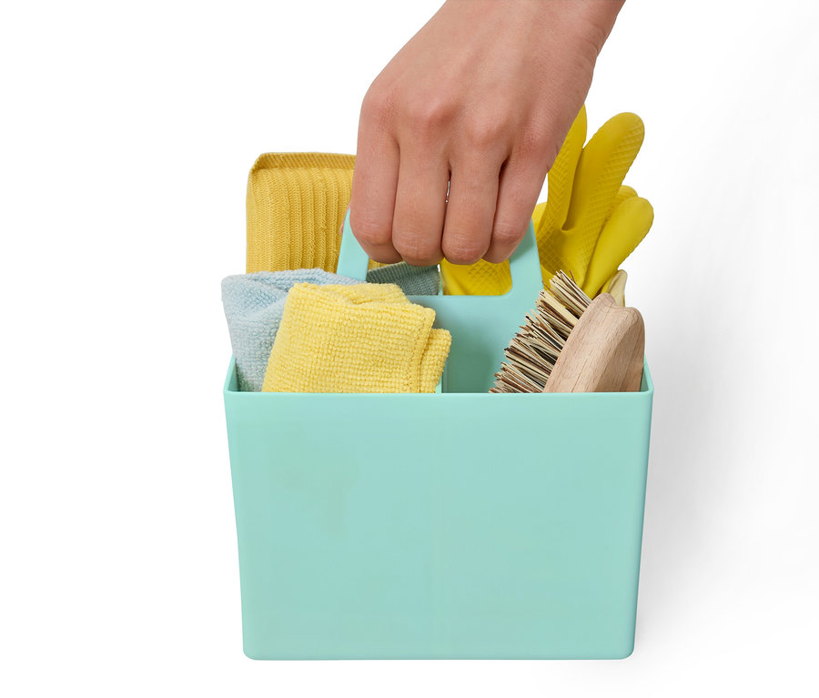 Ruka drží modrozelený úložný box s čisticími prostředky.