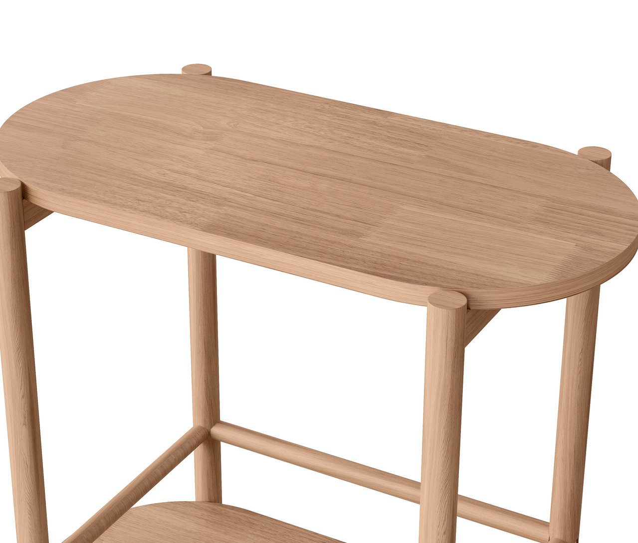 Detail dvoupodlažního dřevěného stolku se zaoblenými rohy.