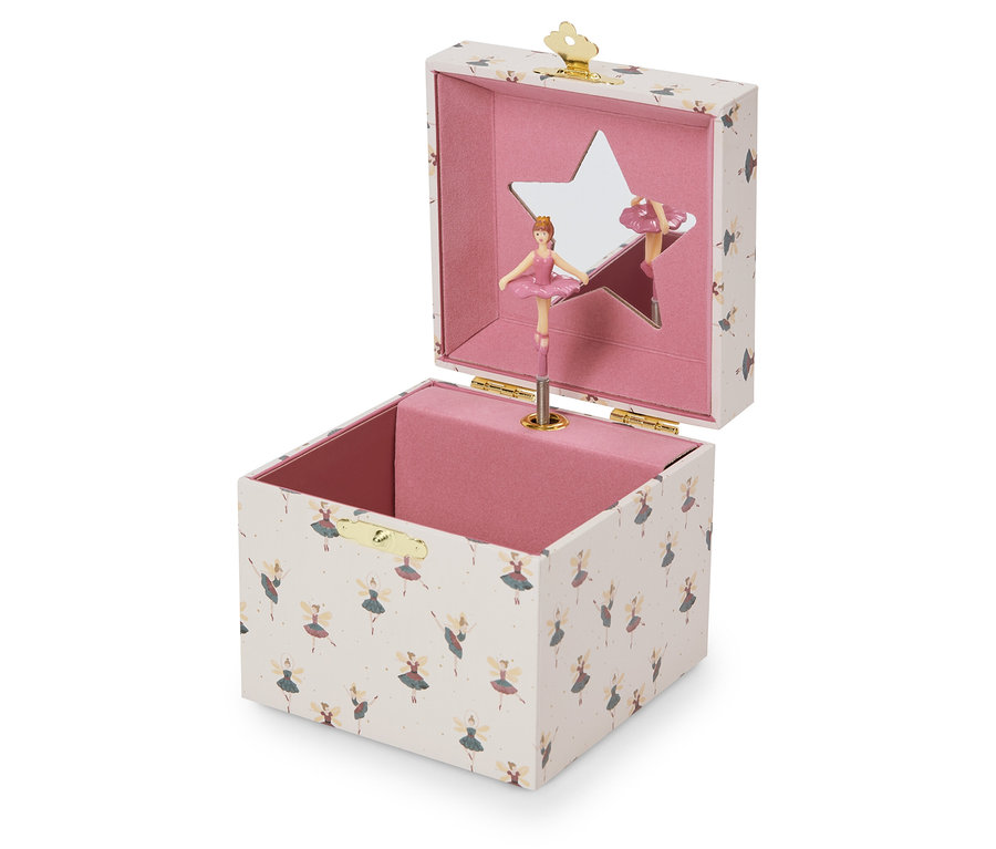 Otevřená hudební skříňka s baletkou v růžových šatech a zrcadlem ve tvaru hvězdy.