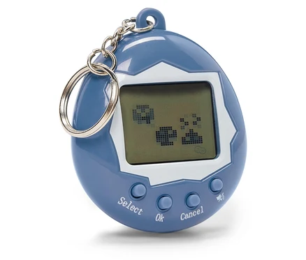 Modrá hračka Tamagotchi s pixelovou grafikou na obrazovce, s tlačítky Select, OK a Cancel.