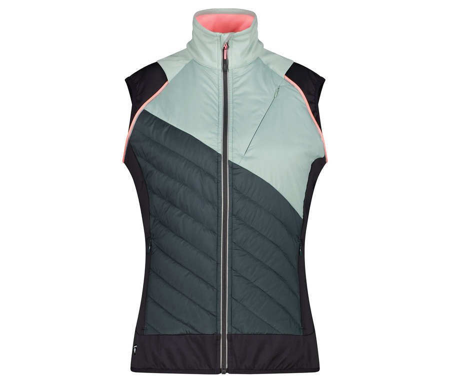 Dámská prošívaná vesta s barevným blokováním v zelené, černé a růžové barvě.