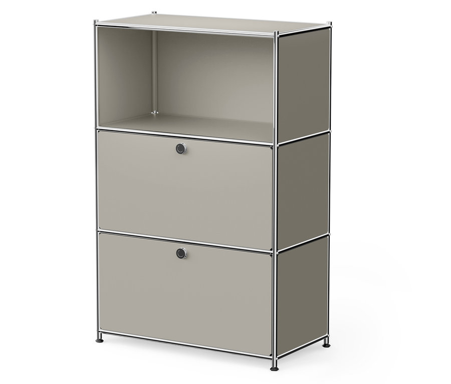 Béžová skříň se dvěma zásuvkami a jednou otevřenou policí.