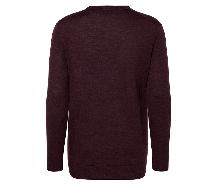 Detailní záběr na svetr z vlny merino, tmavě červená s melírem.