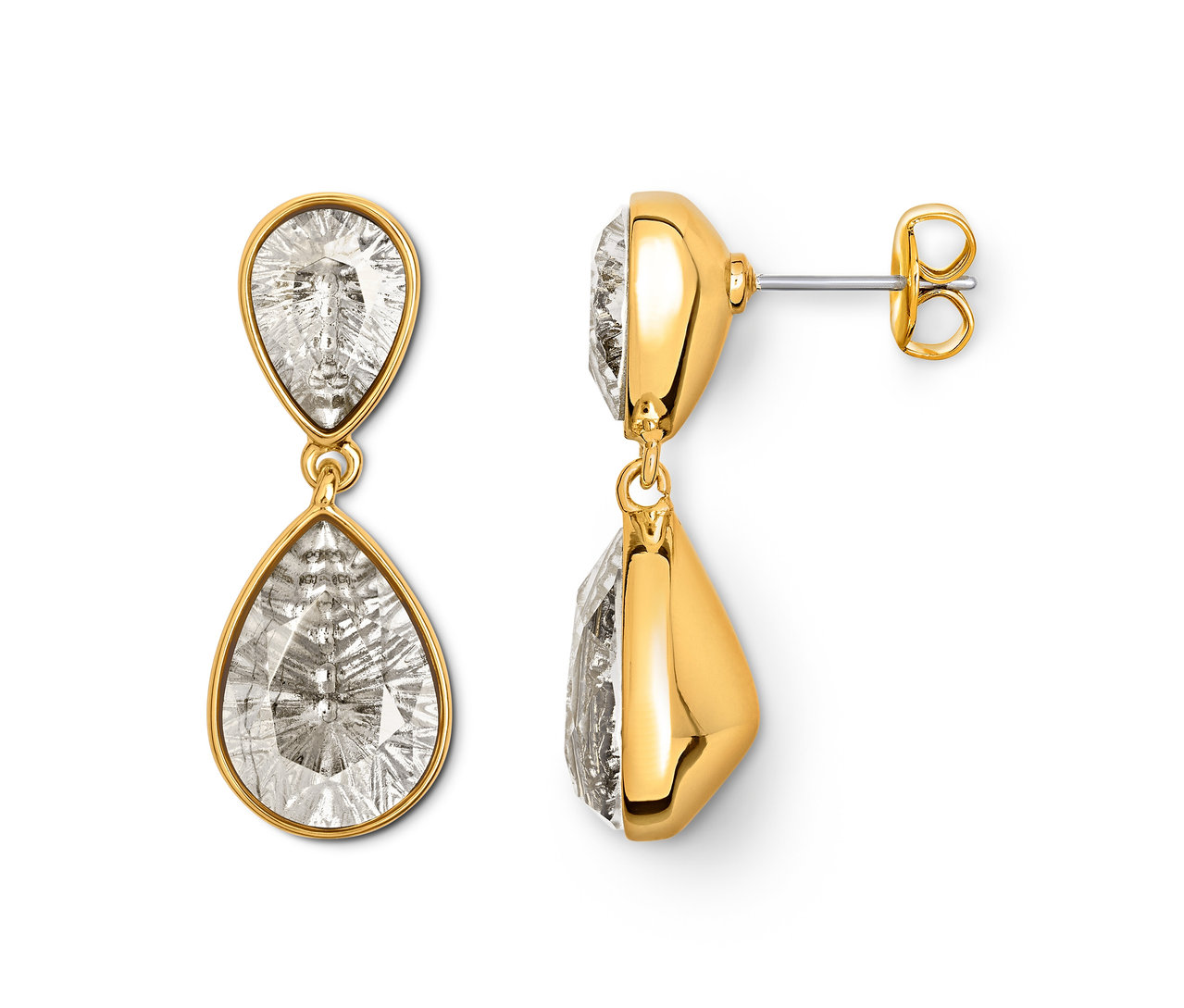 Náušnice se zlatým rámem a čirými kameny ve tvaru slzy.