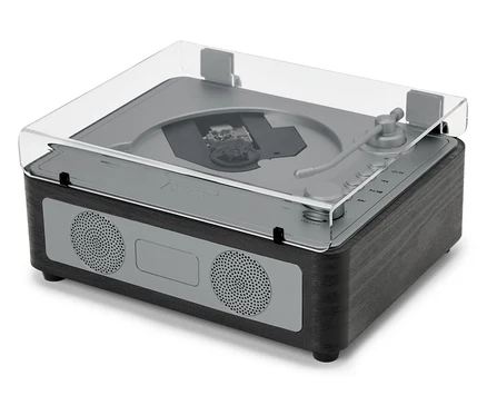 Reproduktor CD/Bluetooth® s průhledným víkem stojí na bílém povrchu.