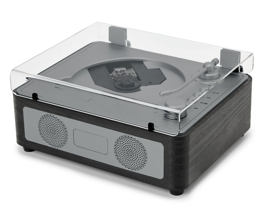 Reproduktor CD/Bluetooth® s průhledným víkem stojí na bílém povrchu.