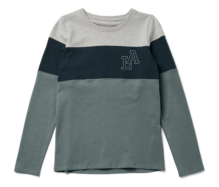 Trikolorové tričko s dlouhým rukávem s šedým horním dílem, tmavě modrým středním dílem a šedozeleným spodním dílem a s logem LA.