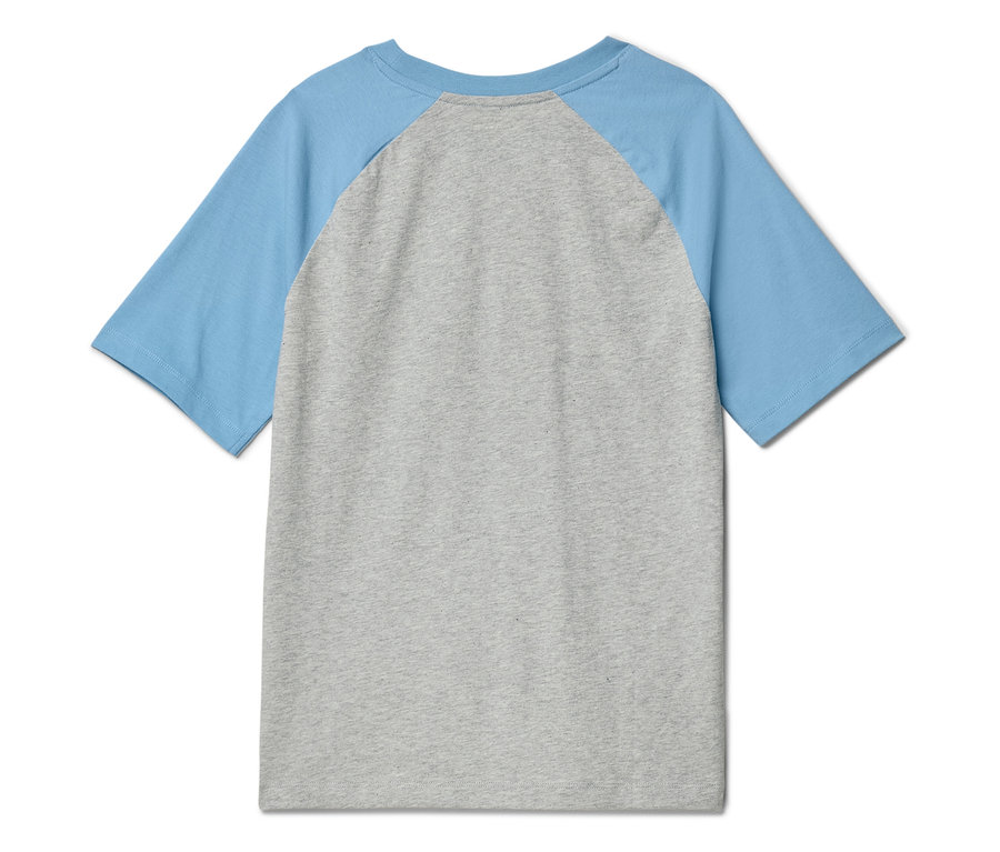 Pohled zezadu na šedé melírované tričko se světle modrými raglánovými rukávy.