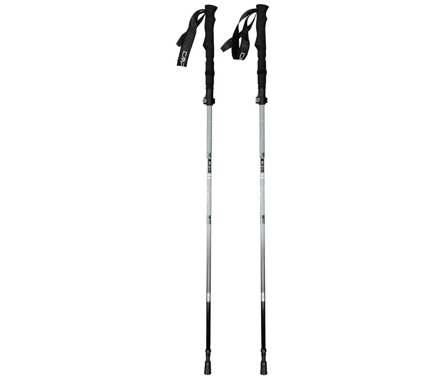 Dvě stříbrné trekové hole s černými rukojeťmi a poutky na zápěstí stojí na bílém pozadí.
