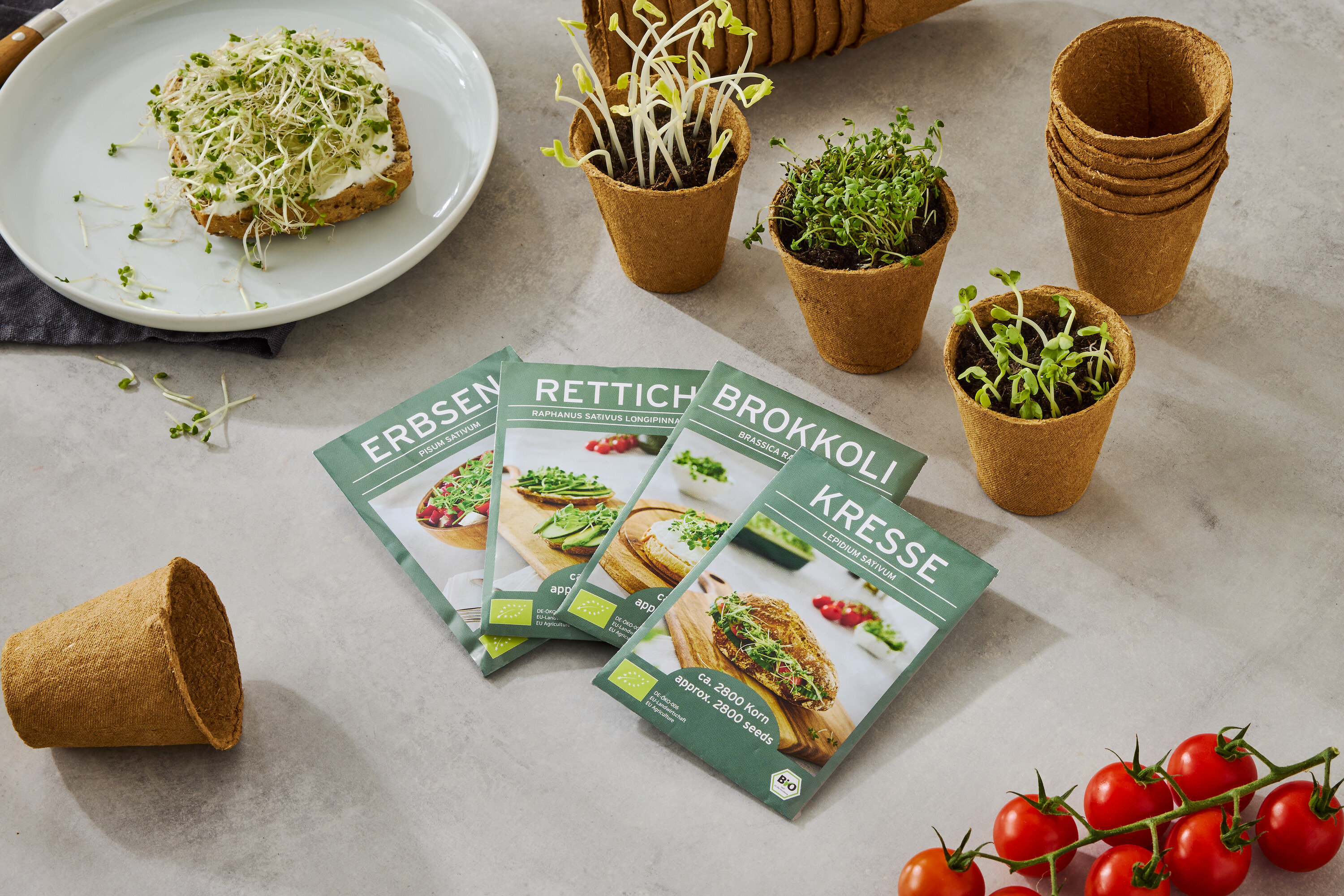 Talíř s chlebem posypaným klíčky, spolu se čtyřmi krabicemi semen (hrách, ředkvička, brokolice, řeřicha), malými květináči s rostoucími klíčky a trsem rajčat.