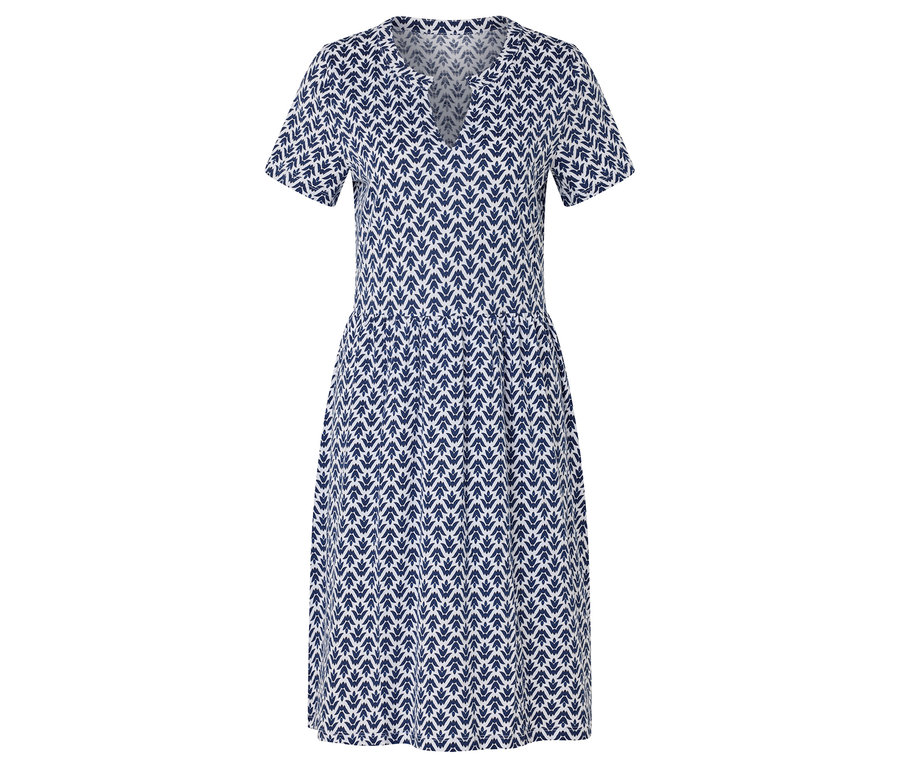 Modro-bílé šaty s výstřihem do V a krátkým rukávem.
