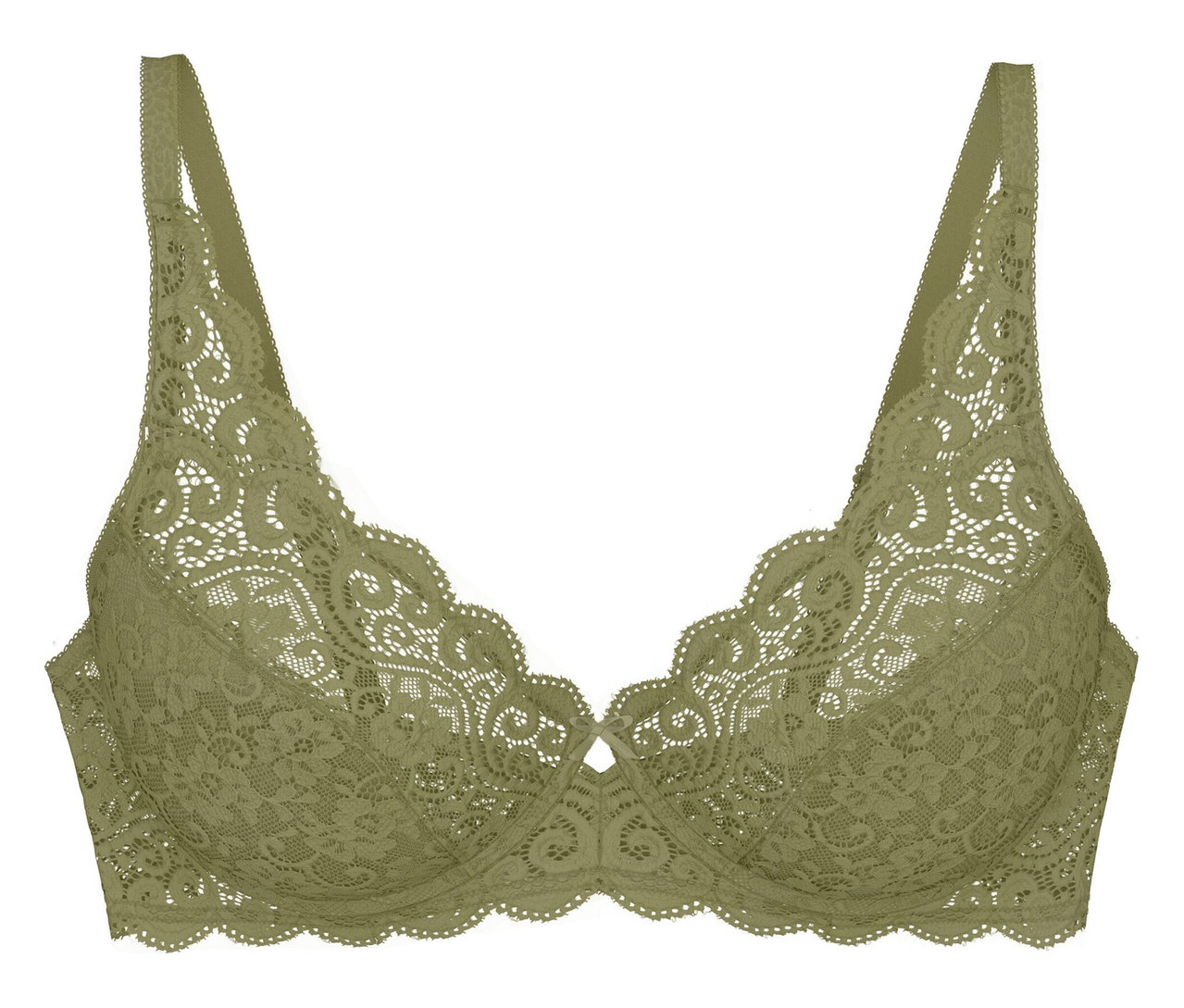 Podprsenka Triumph Amourette W v barvě olive gold, vyrobená z krajky s vlnitými okraji a tenkými ramínky.