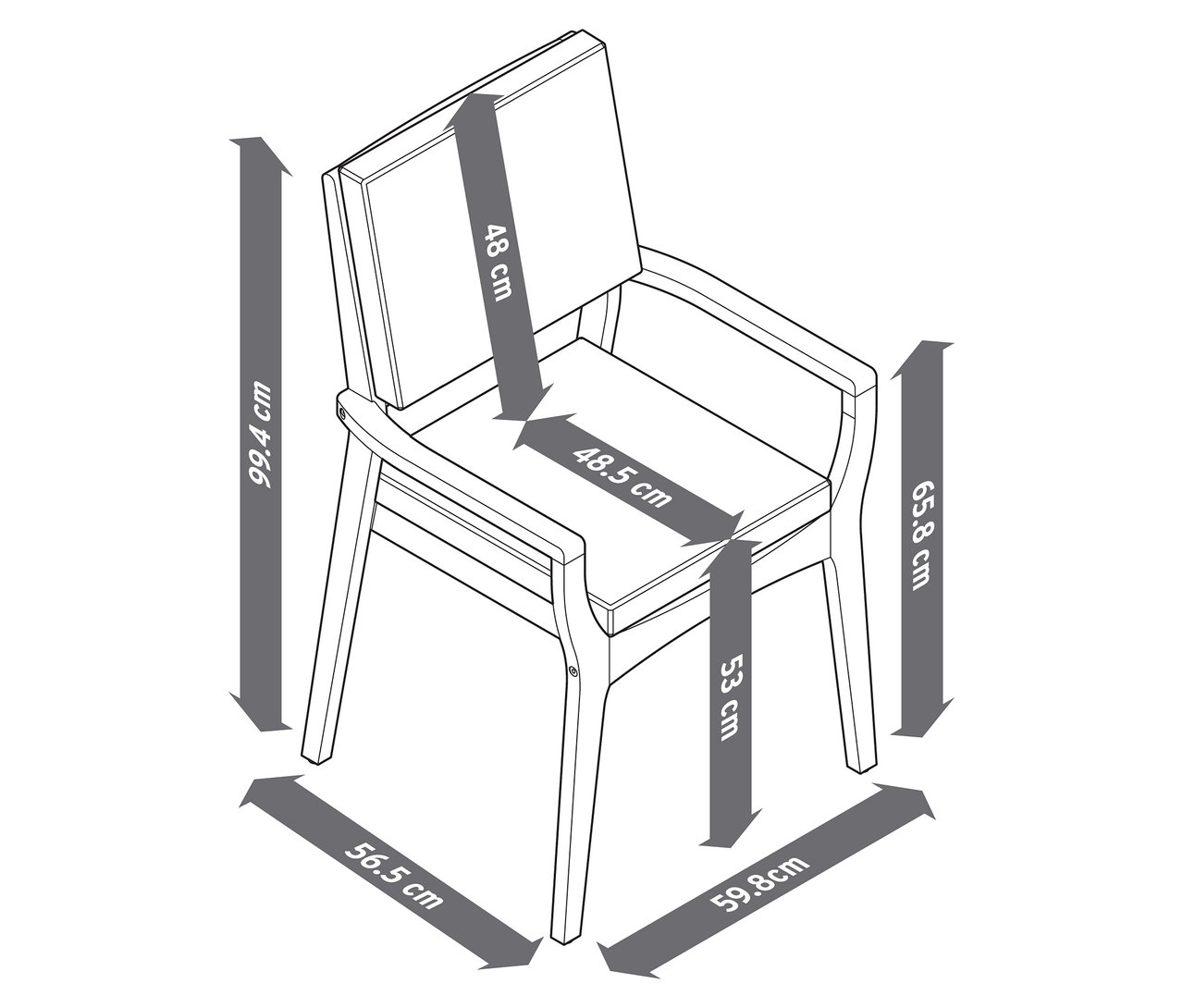 Obrázek stohovatelné zahradní židle z teakového dřeva s rozměry.
