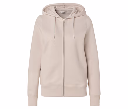 Béžová mikina s kapucí na zip se stahovací šňůrkou na kapuci.
