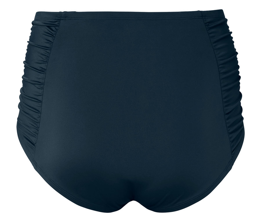 Tmavě modré plavkové kalhotky s nařasenými bočními detaily, focené zezadu.