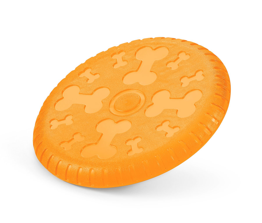 Oranžový létající talíř pro psy s potiskem kostí.