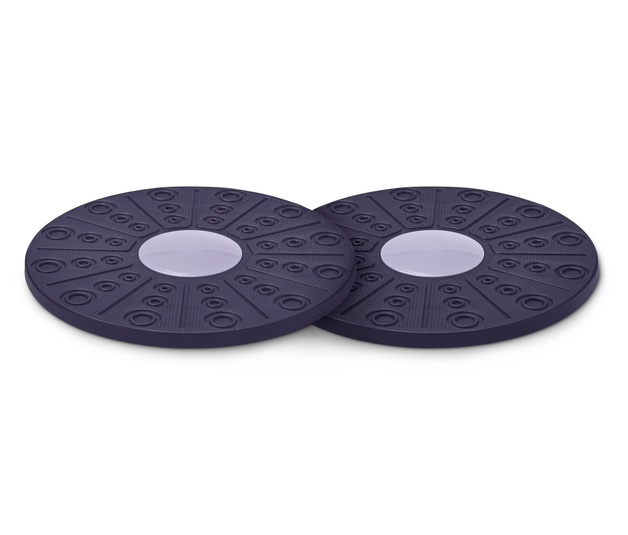 Dvě balanční desky vedle sebe. Desky jsou kulaté a mají fialovou barvu.