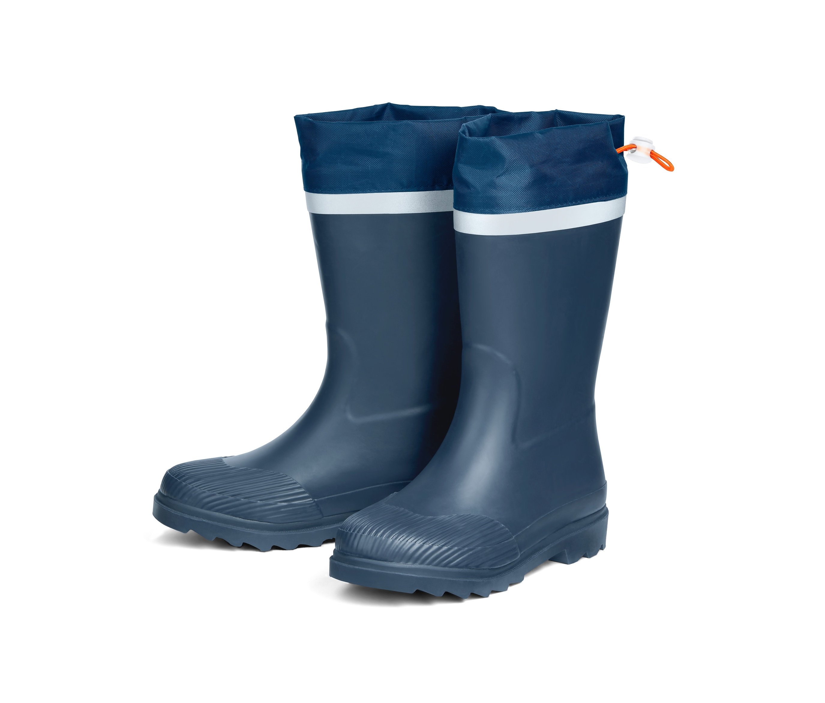 Dvoje modré holínky do deště s manžetou.