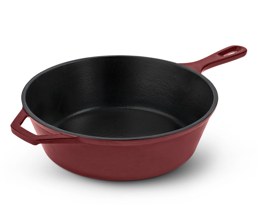 Litinový hrnec a pánev 2 v 1 v bordó barvě.