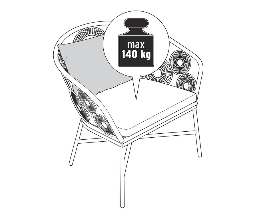 Nákres lounge křesla a křesla s motivem květů s polštářem a maximální nosností 140 kg.