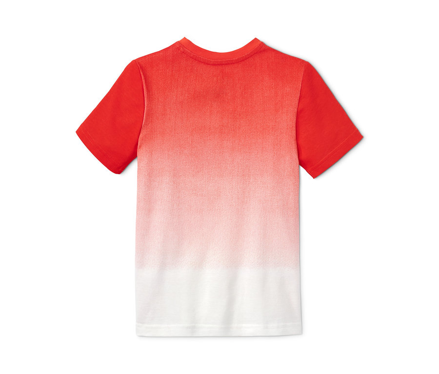 Zadní strana trika s červeným horním dílem, který přechází do bílé barvy.