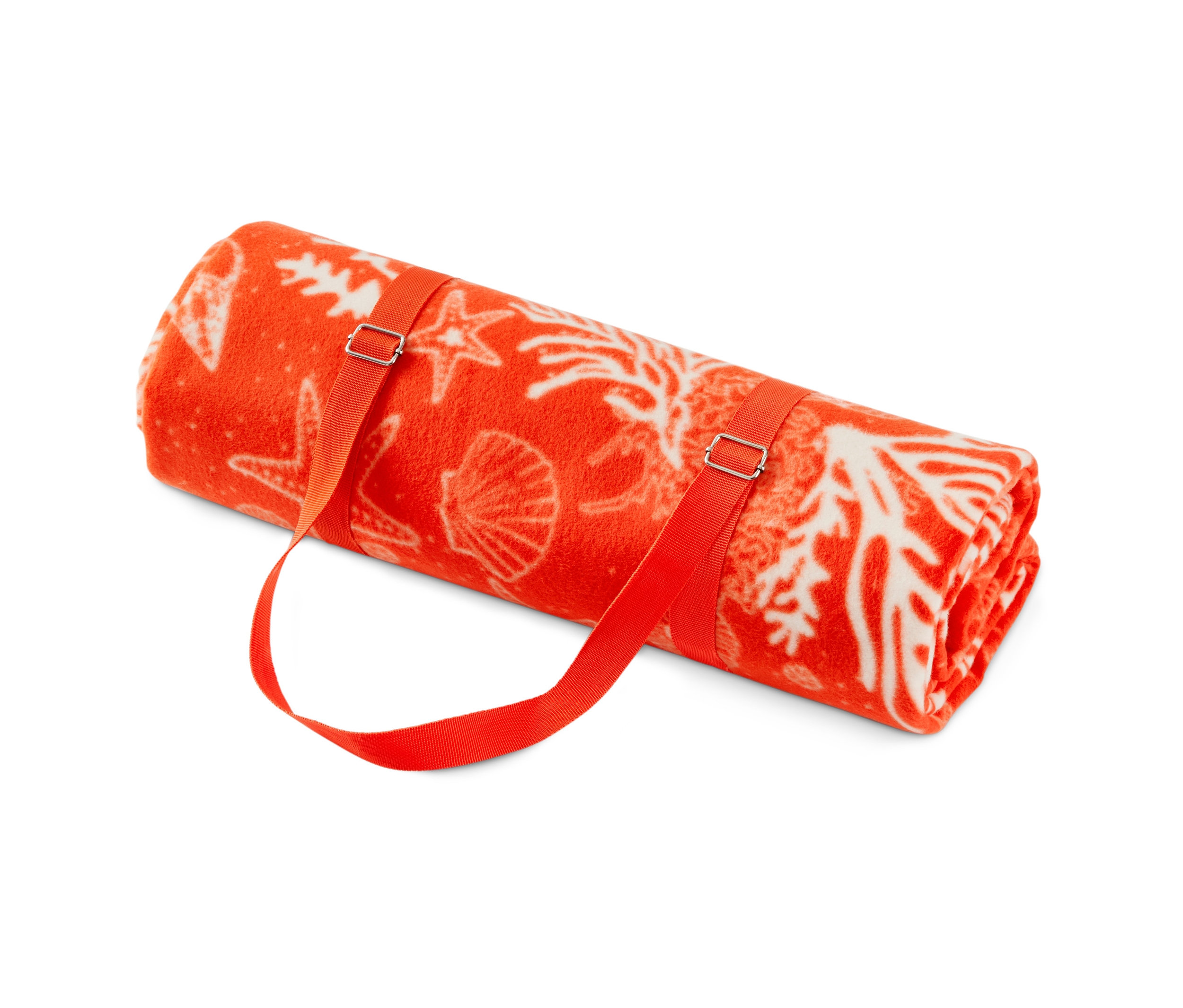 Srolovaná XL pikniková deka s oranžovým vzorem mořských hvězd a mušlí, svázaná oranžovými popruhy.