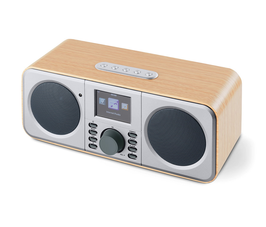 WLAN internetové rádio s barevným displejem v dřevěném pouzdře.